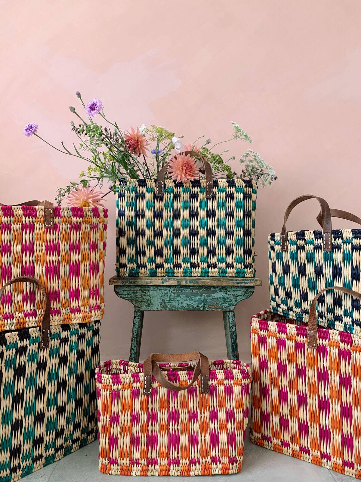 Chequered Reed Basket I Pink + Orange