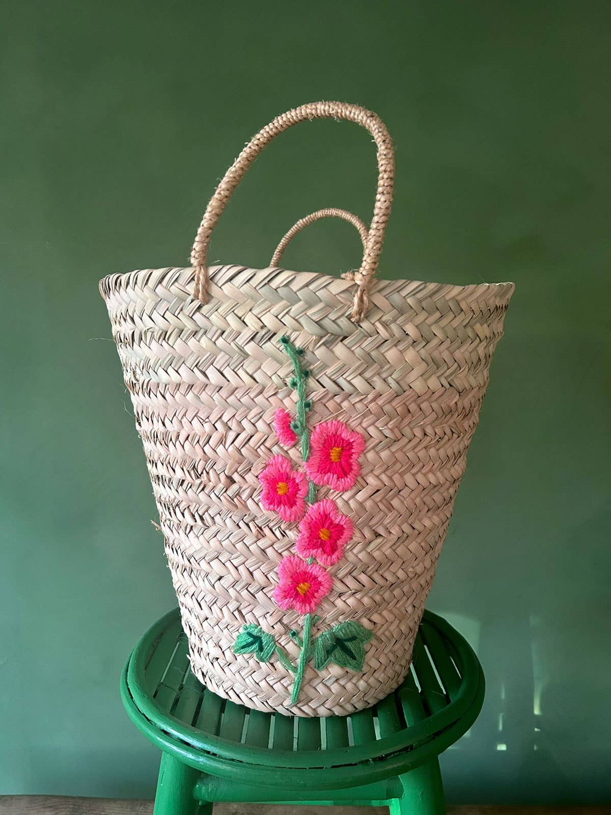 Hand Embroidered Basket I Hollyhocks