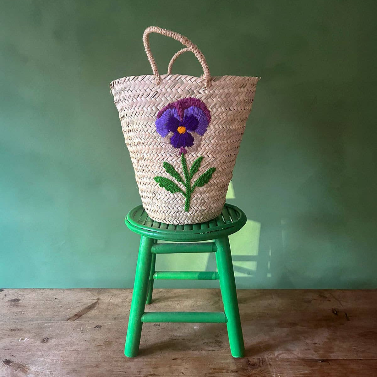 Hand Embroidered Basket I Pansy