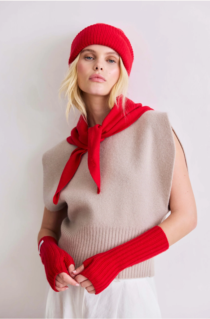 Merino Wool Embroidered Beanie - Flame Red