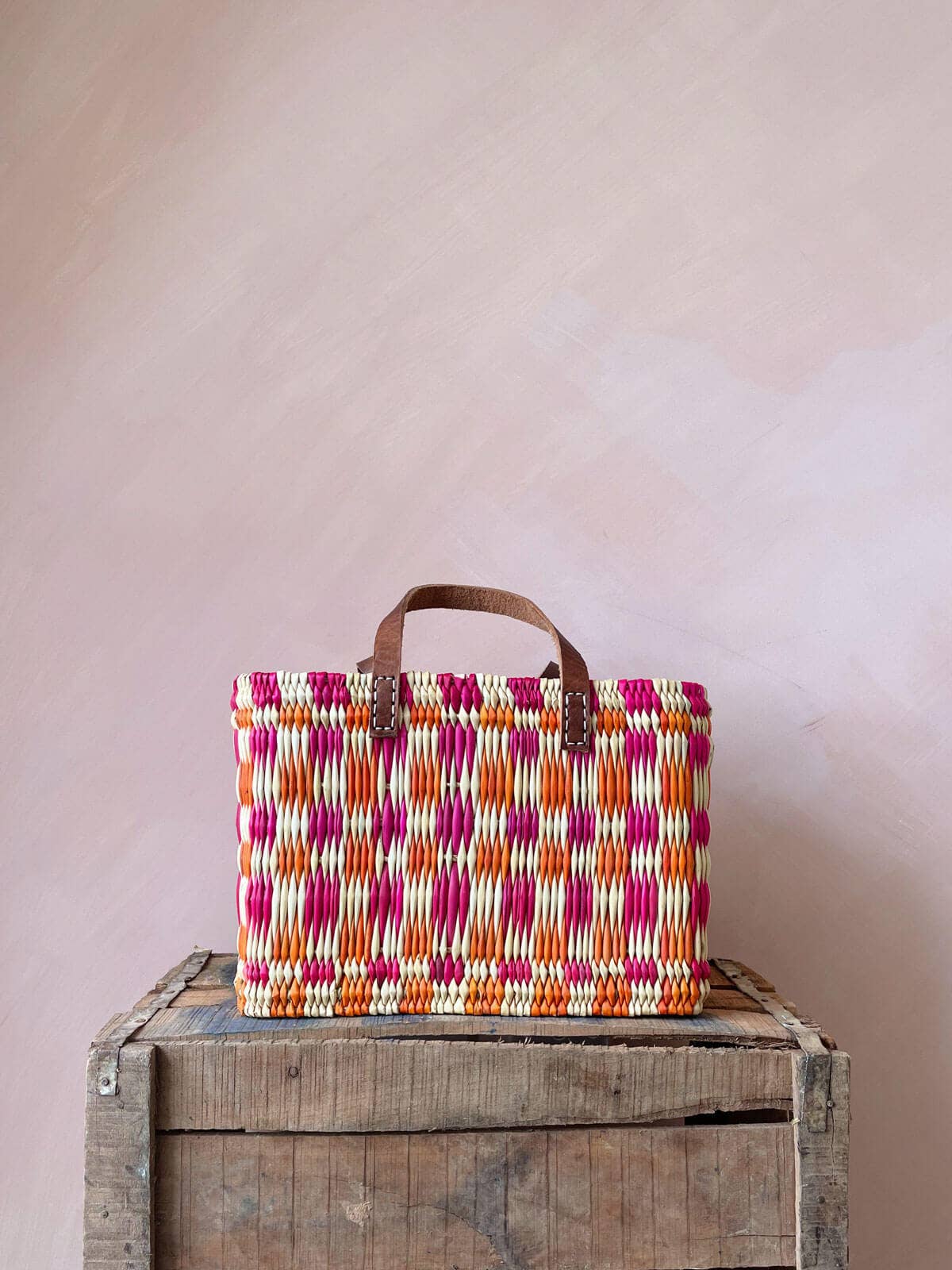 Chequered Reed Basket I Pink + Orange