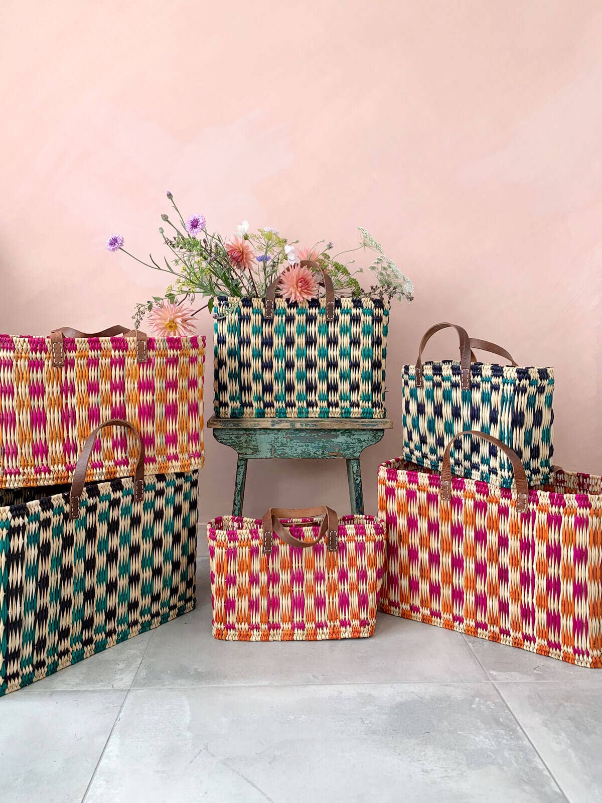 Chequered Reed Basket I Pink + Orange