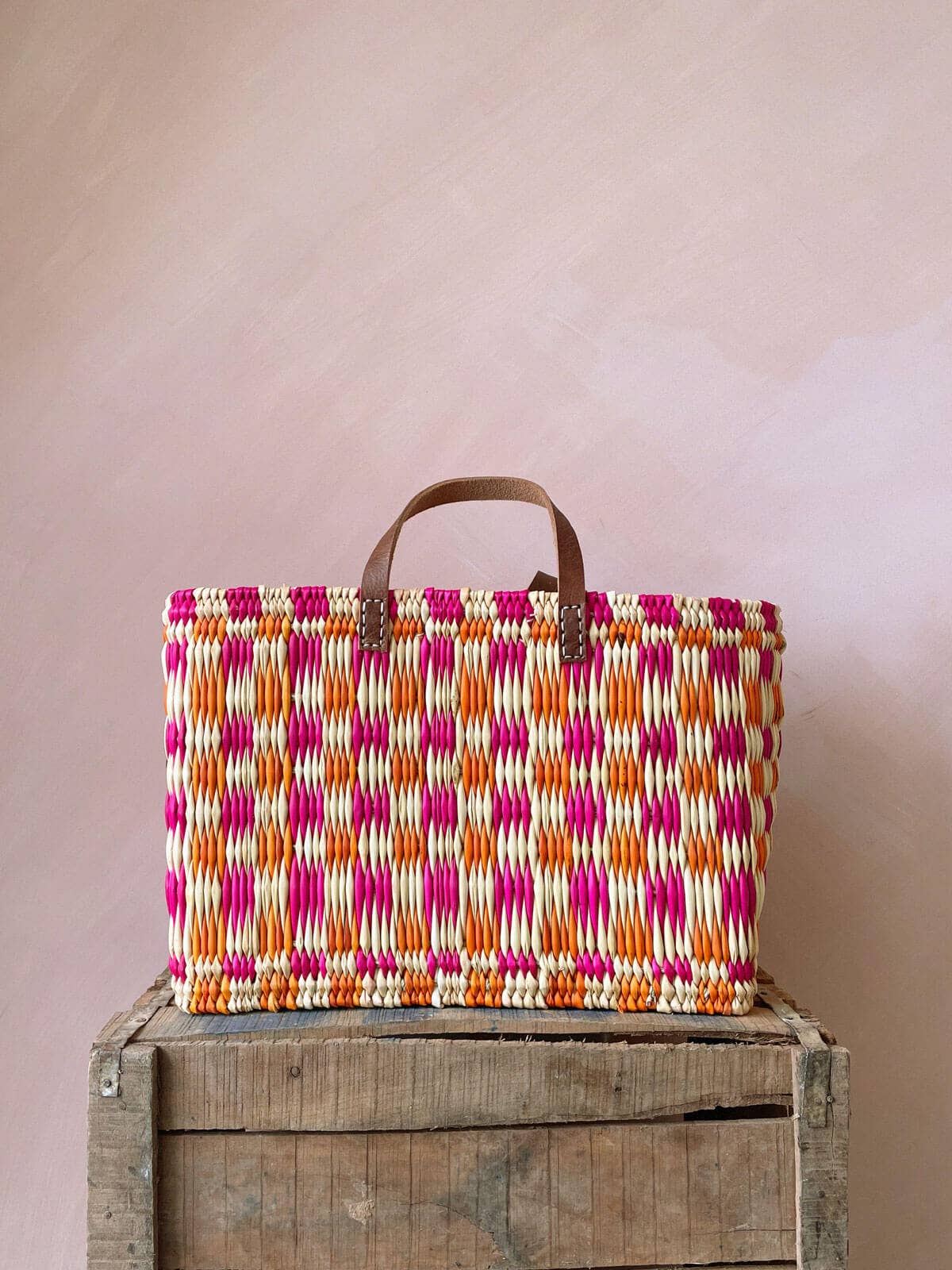 Chequered Reed Basket I Pink + Orange