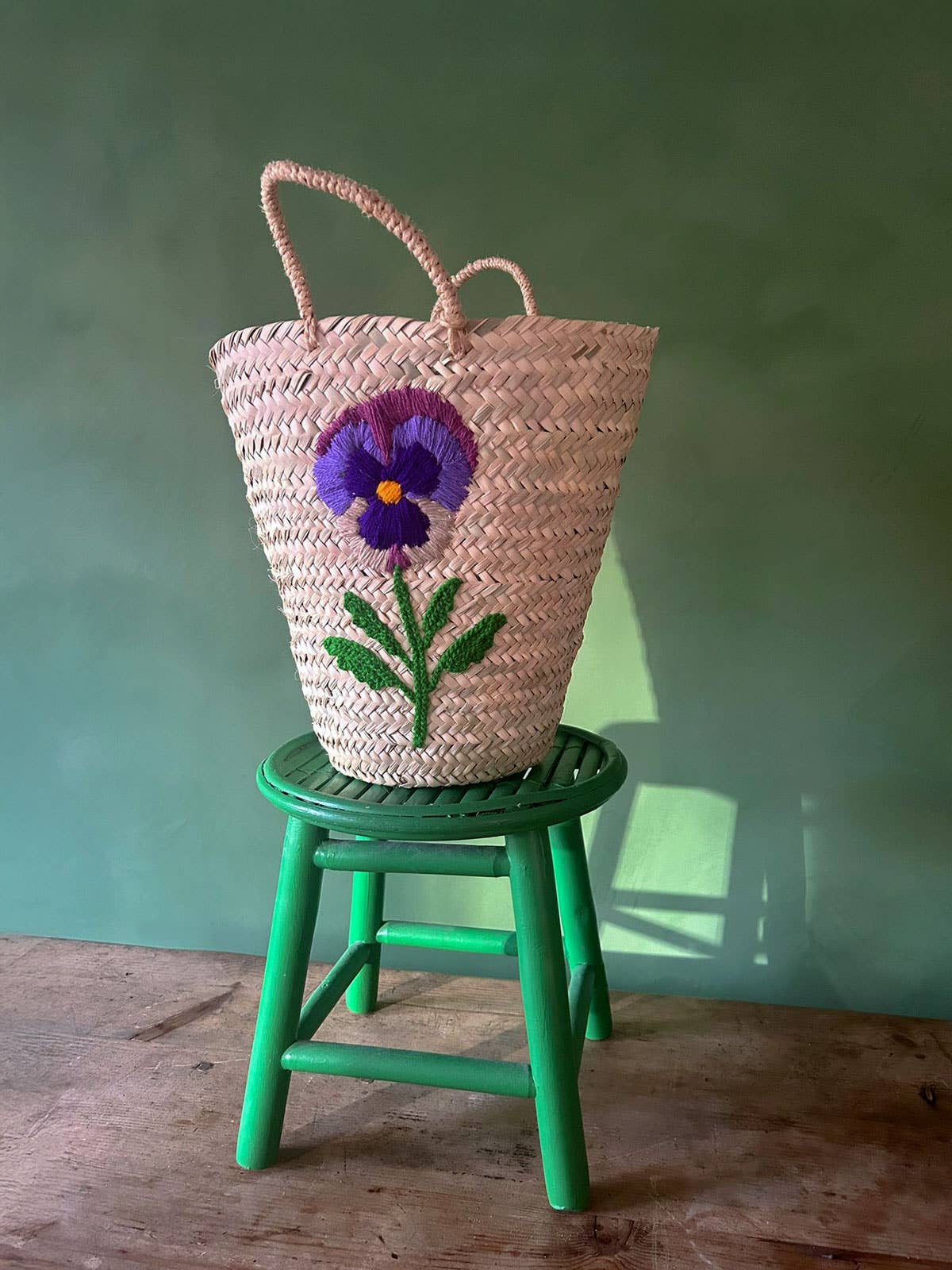 Hand Embroidered Basket I Pansy