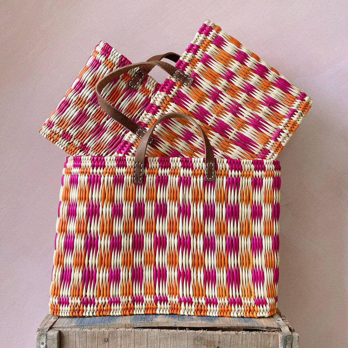 Chequered Reed Basket I Pink + Orange