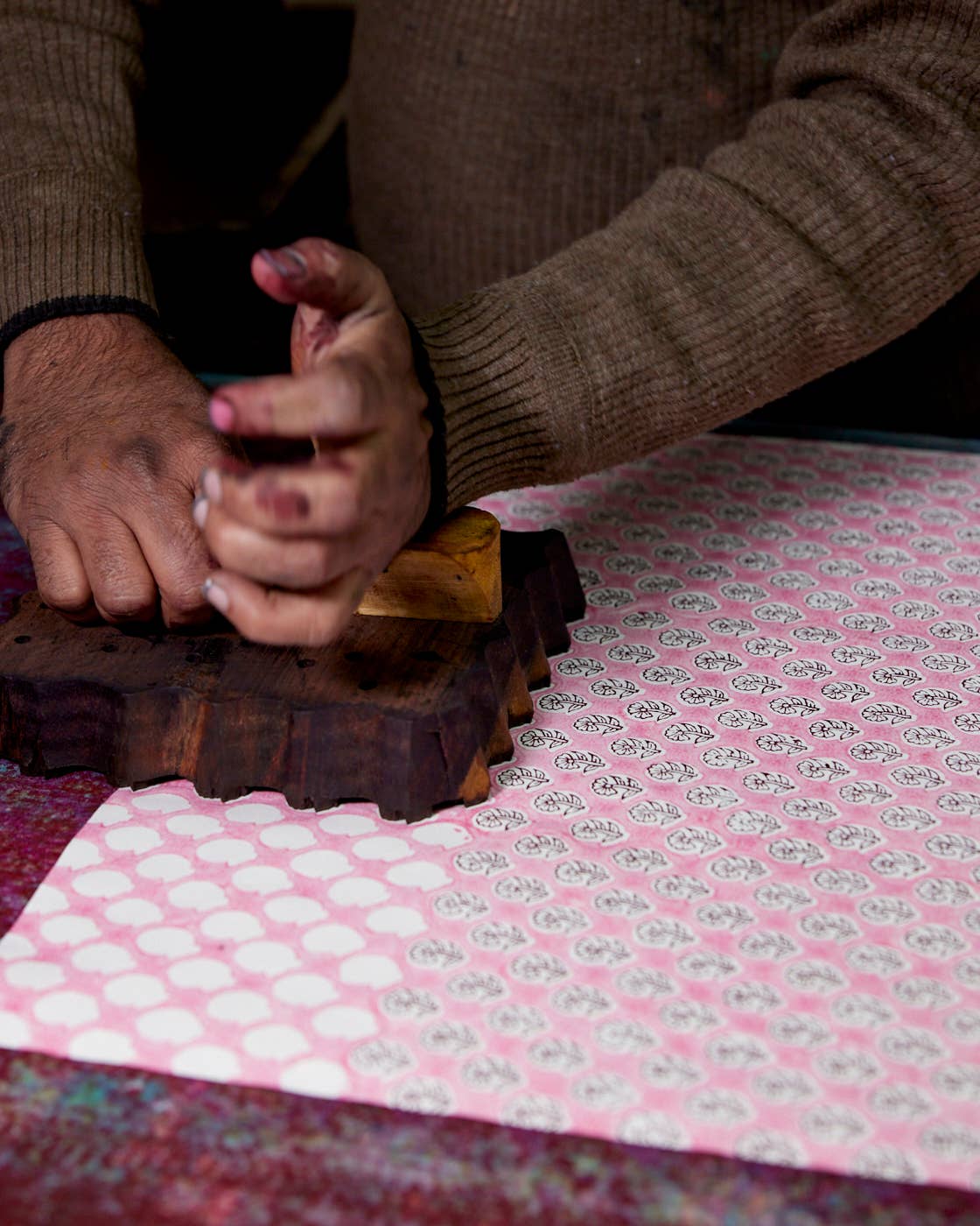 Block Printed Paper - Red Pink Flora