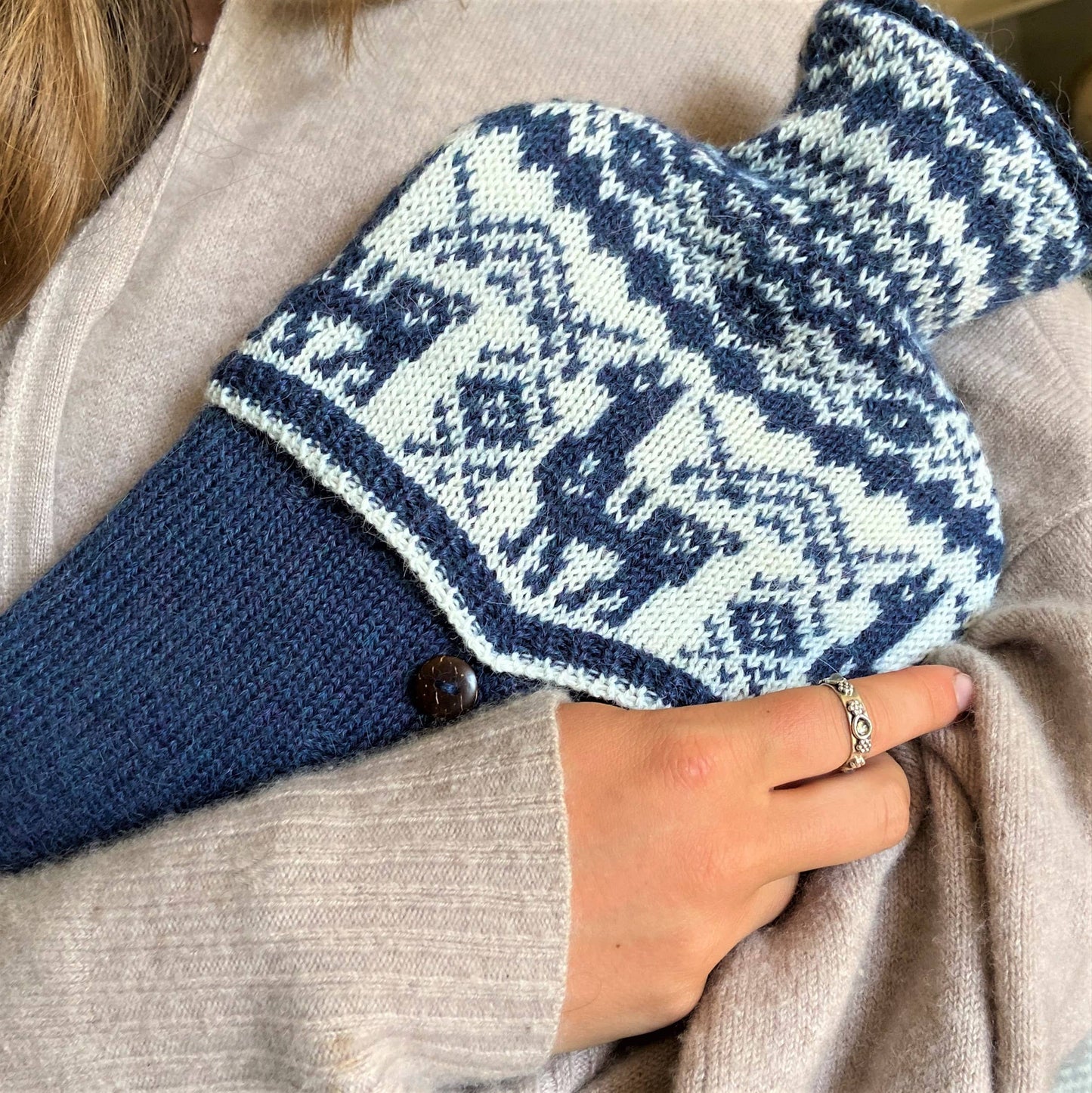 Alpaca Fair Isle Hot Water Bottle: Navy