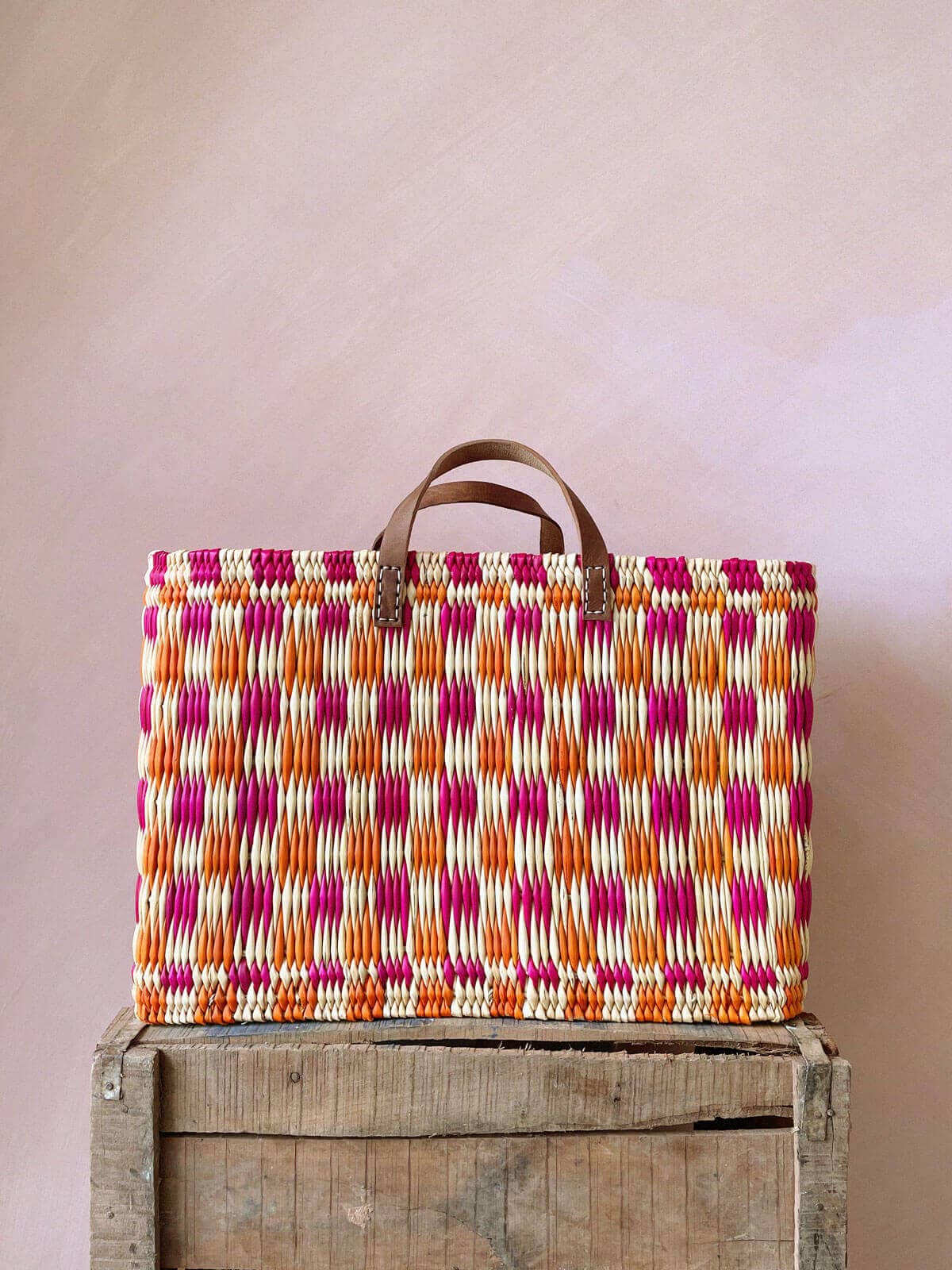 Chequered Reed Basket I Pink + Orange