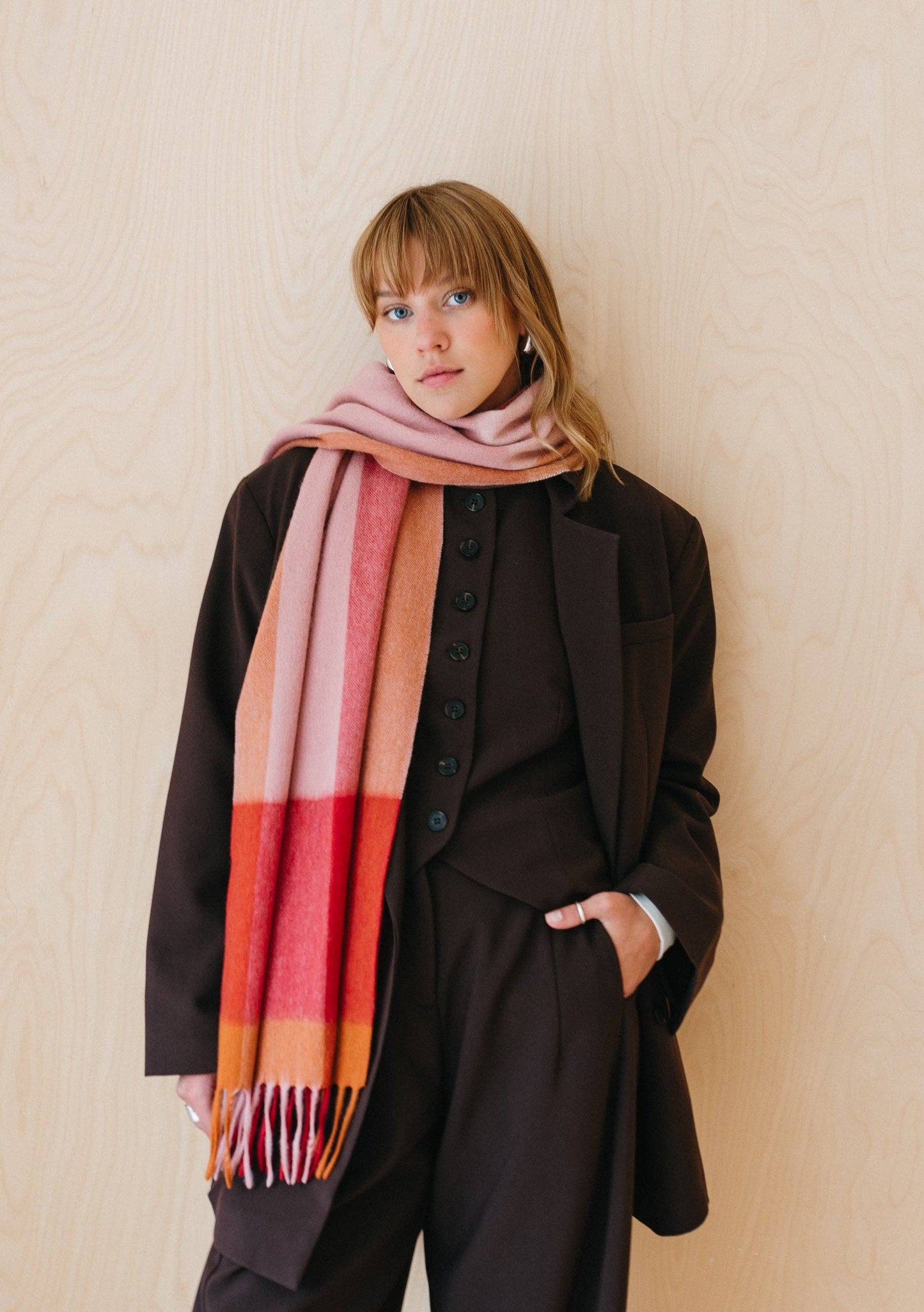 Lambswool Oversized Scarf in Berry Edge Check