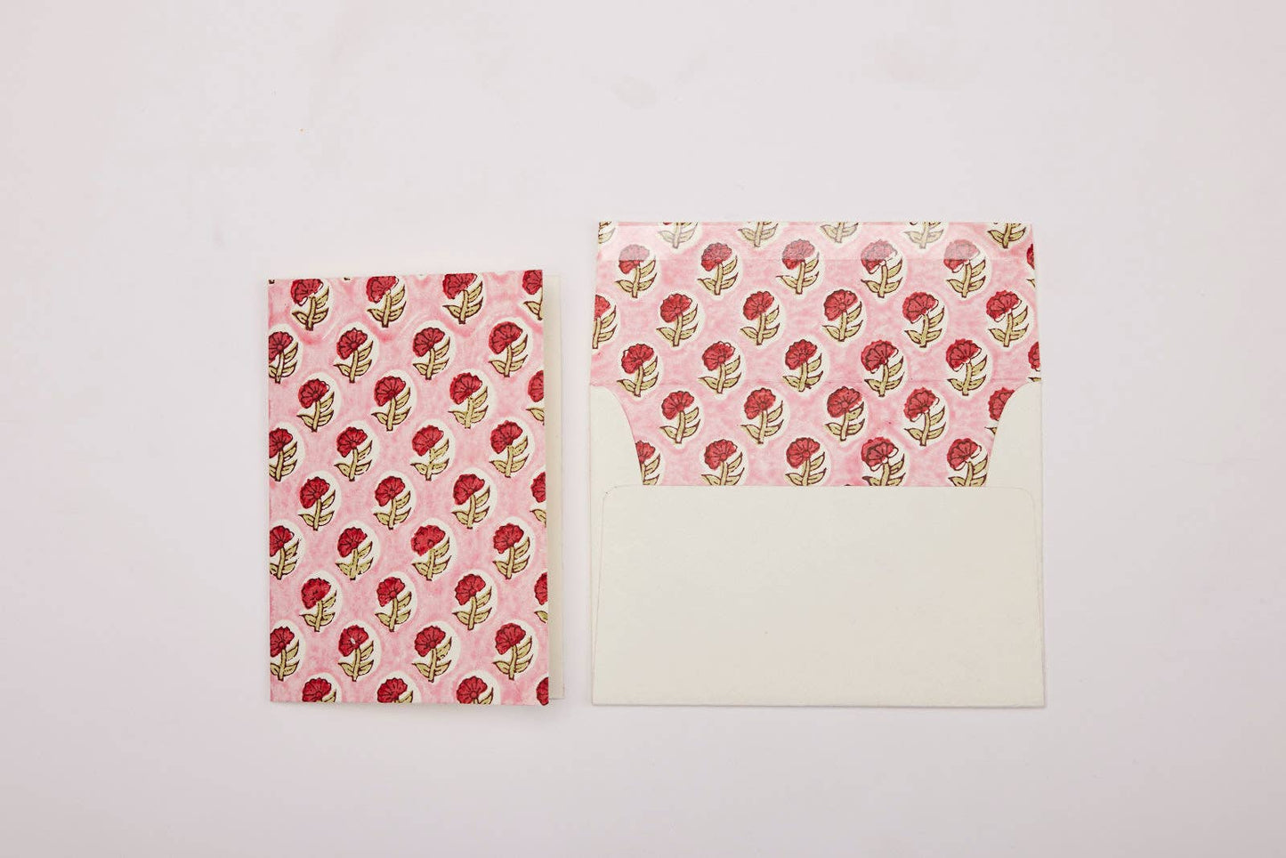 Hand Block Printed Greeting Card - Pink Red Flora