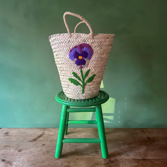 Hand Embroidered Basket I Pansy