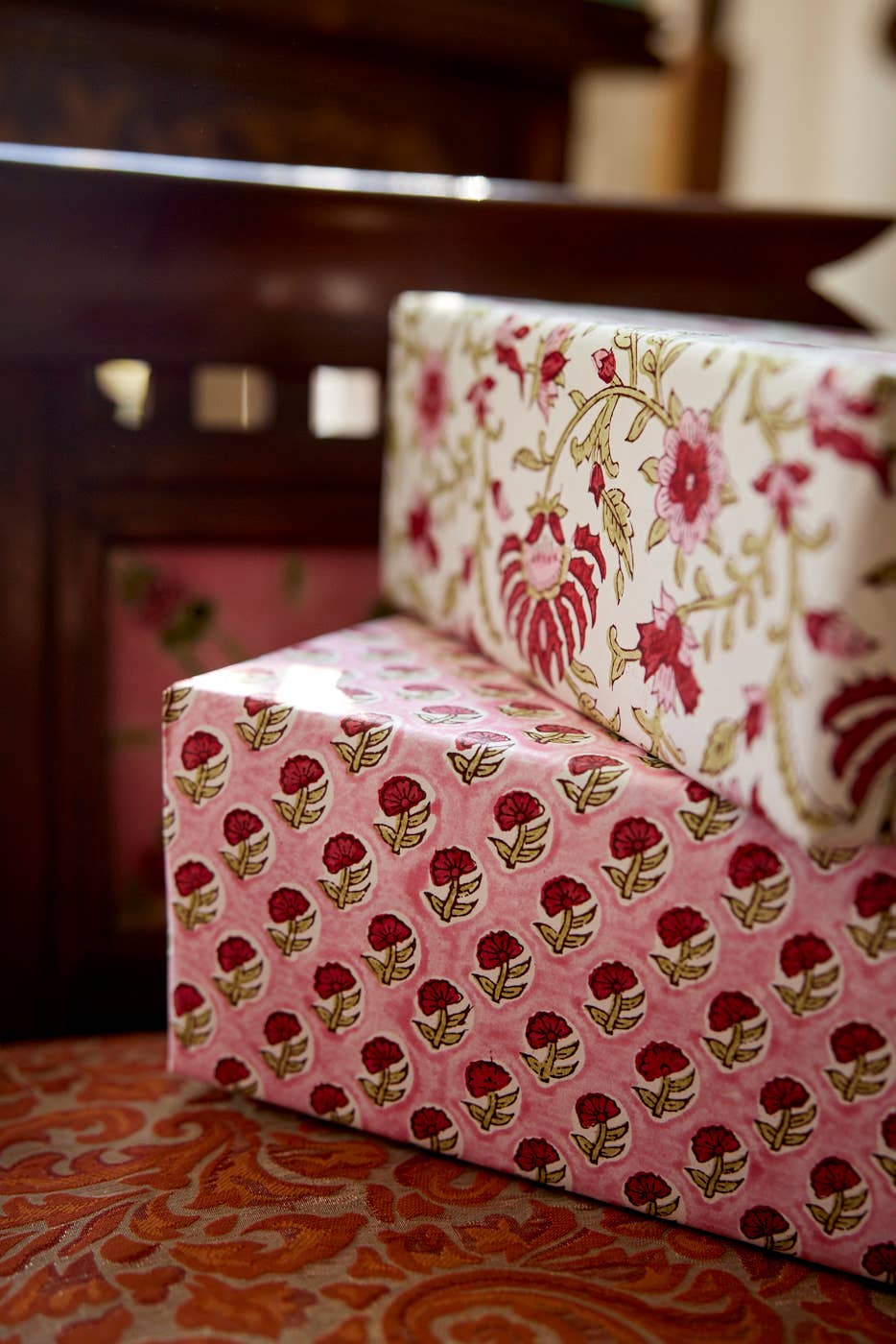 Block Printed Paper - Red Pink Flora