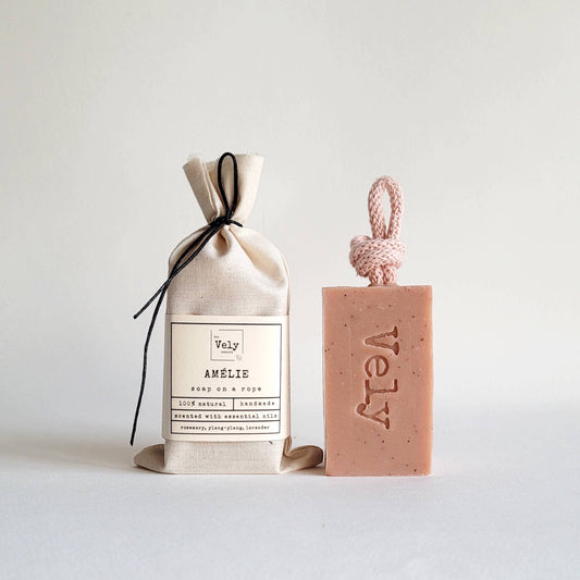 Natural Handmade Soap On A Rope With Pink Clay  "Amélie"