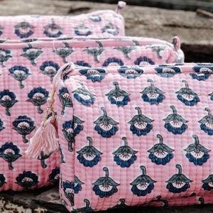 Block Printed Cotton Zip Bags I Pink Purple