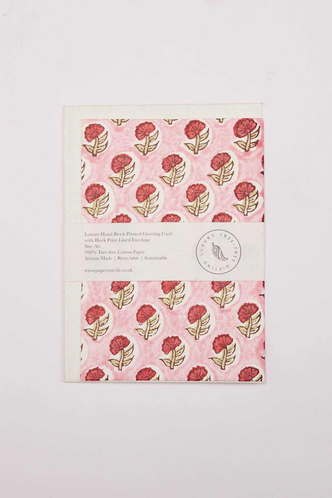 Hand Block Printed Greeting Card - Pink Red Flora