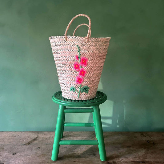 Hand Embroidered Basket I Hollyhocks