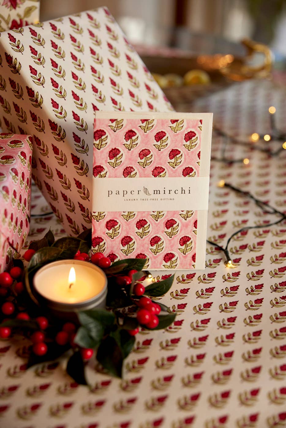 Hand Block Printed Greeting Card - Pink Red Flora