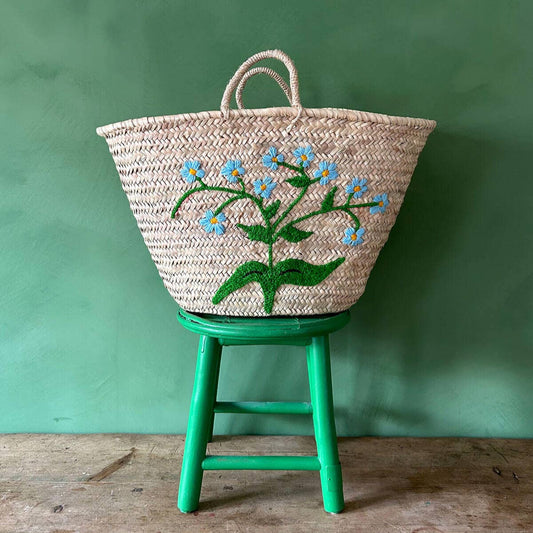 Hand Embroidered Market Basket I Forget-Me-Not