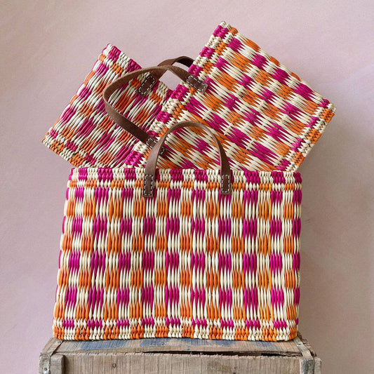 Chequered Reed Basket I Pink + Orange