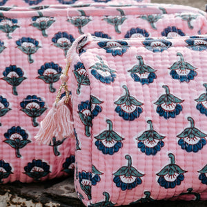 Block Printed Cotton Zip Bags I Pink Purple